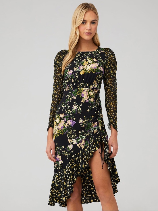 For Love And Lemons Dresses & Skirts - FOR LOVE AND LEMONS Ross Black Floral Asymmetrical Midi Dress